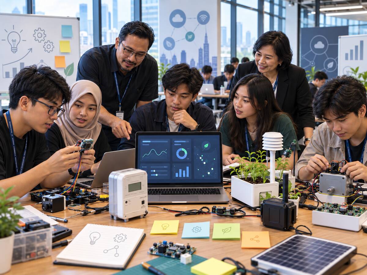 Young professionals collaborating on an IoT project with connected devices and data dashboards